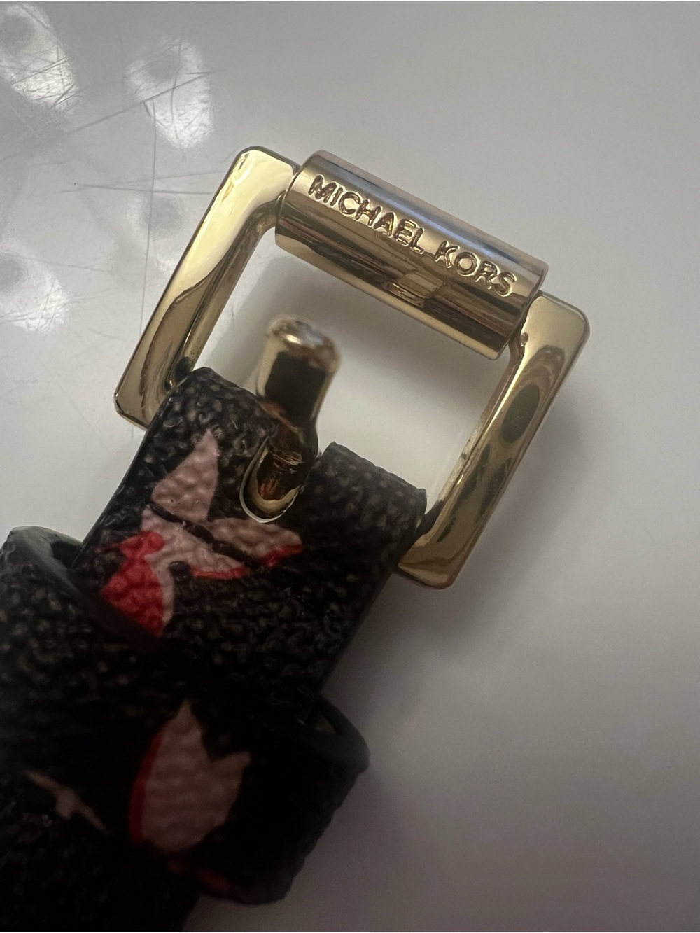 Michael Kors Black Leather Belt with Gold Buckle and Pink/Red Floral Accents